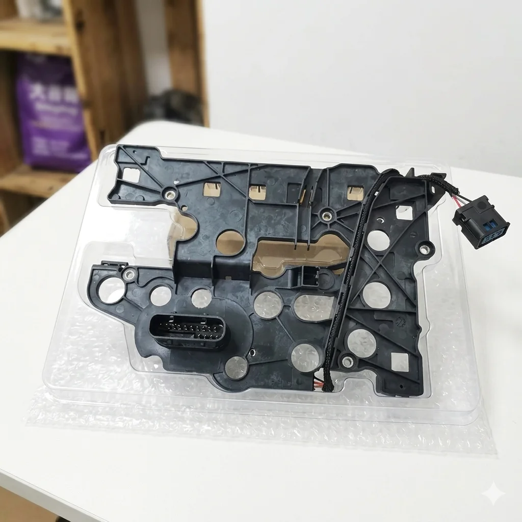 Placa electrónica (lead frame) para transmisión Ford 6F35 de polímero negro, con sensores integrados y conector de pines múltiples. Se muestra en su empaque protector sobre una superficie blanca de trabajo.