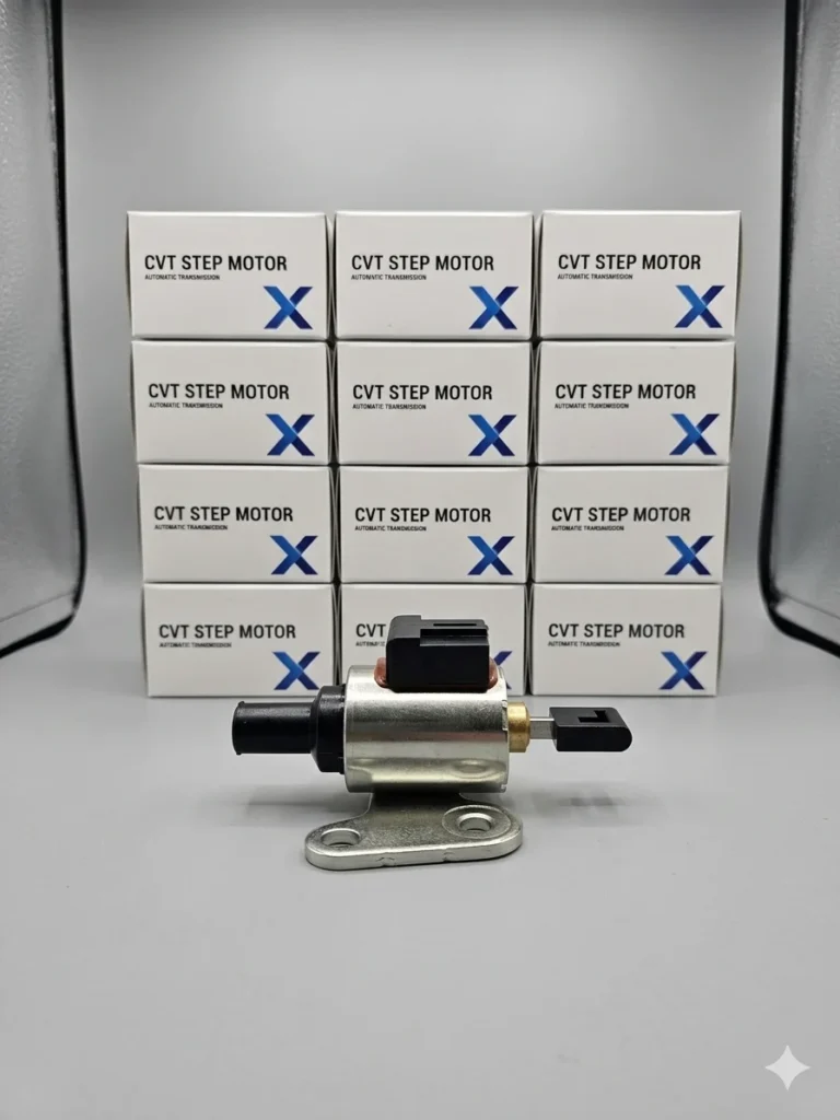 Un motor paso a paso (stepper motor) para transmisión CVT de metal plateado con un soporte de montaje y un conector negro en primer plano. Al fondo, dieciséis cajas de cartón blancas idénticas apiladas de forma ordenada, cada una con el texto "CVT STEP MOTOR AUTOMATIC TRANSMISSION" y una "X" azul. La escena está en un estudio bien iluminado.