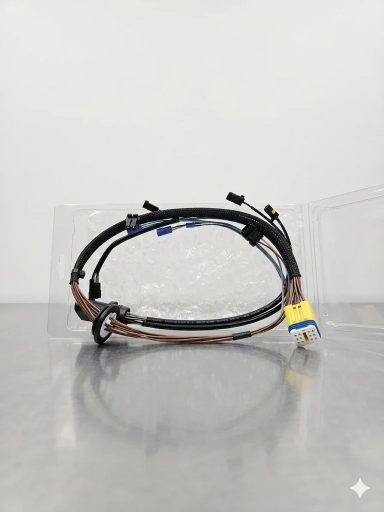 Un arnés de cableado eléctrico automotriz enrollado para la transmisión automática Renault AL4/DPO, presentado en un empaque de burbujas en un entorno de estudio. Se muestran múltiples conectores, incluidos los de color amarillo, azul, negro y marrón, con varios terminales expuestos.