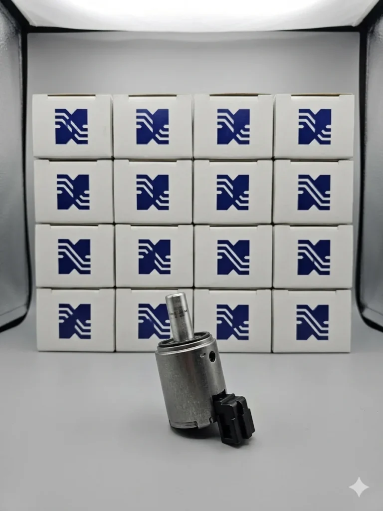 Una electroválvula de AL4DPO de metal plateado con conector eléctrico negro en primer plano sobre superficie gris. Al fondo, 16 cajas blancas idénticas con logotipo azul de ondas estilizadas apiladas en 4 filas y 4 columnas. Escena de estudio bien iluminada.