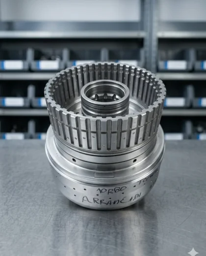 Tambor de embrague de acero mecanizado para transmisión automática, centrado en un banco de trabajo industrial de metal con fondo de estantería logística desenfocado.