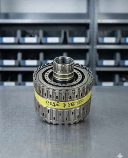 Tambor de embrague tipo CD4E para transmisión automática, con banda de identificación amarilla, sobre mesa de acero industrial y fondo de estantería de taller con efecto bokeh.