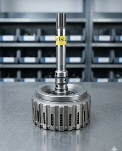 Tambor de embrague y conjunto de eje estriado de una transmisión automática, fabricado en acero mecanizado de precisión, ubicado sobre un banco de trabajo industrial con fondo de estantería de taller desenfocado.